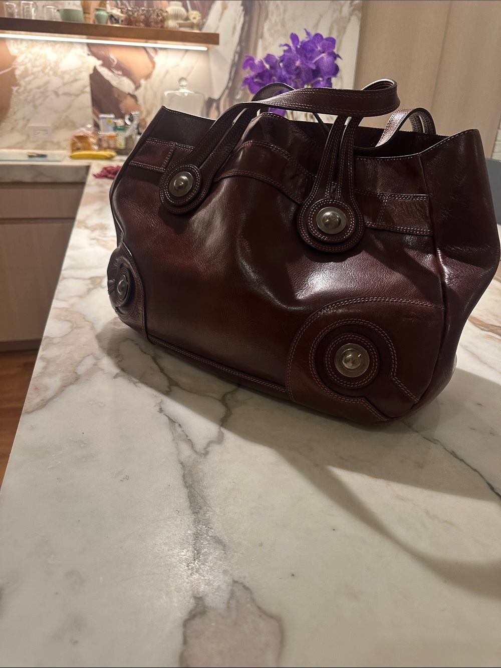Vintage Marni Deep Burgundy Leather Shoulder Bag with Circular Hardware